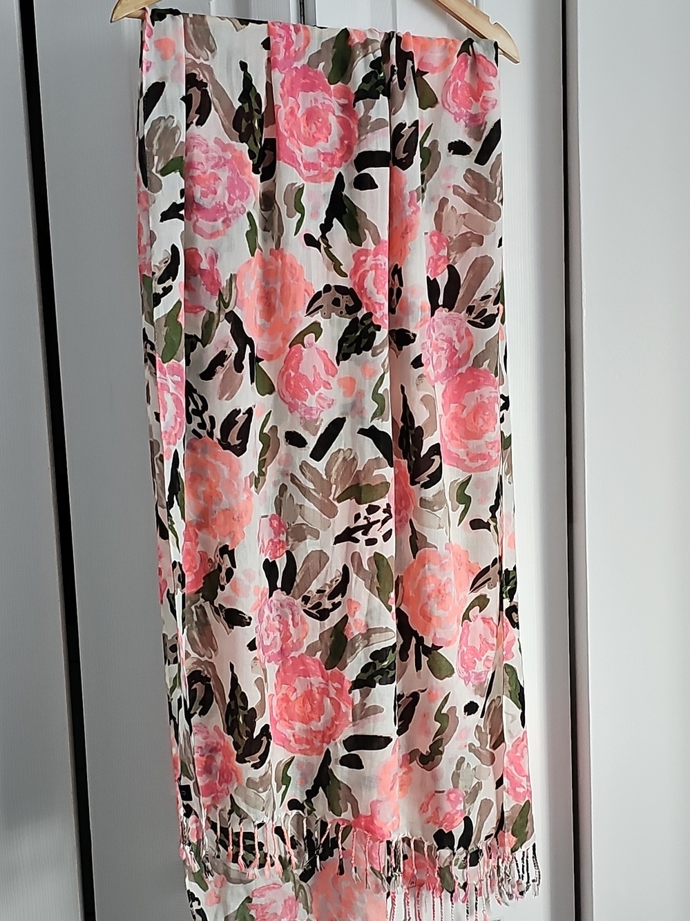 Lands' End Women Pink White Green Black Floral Rectangle Scarf Wrap Fringe